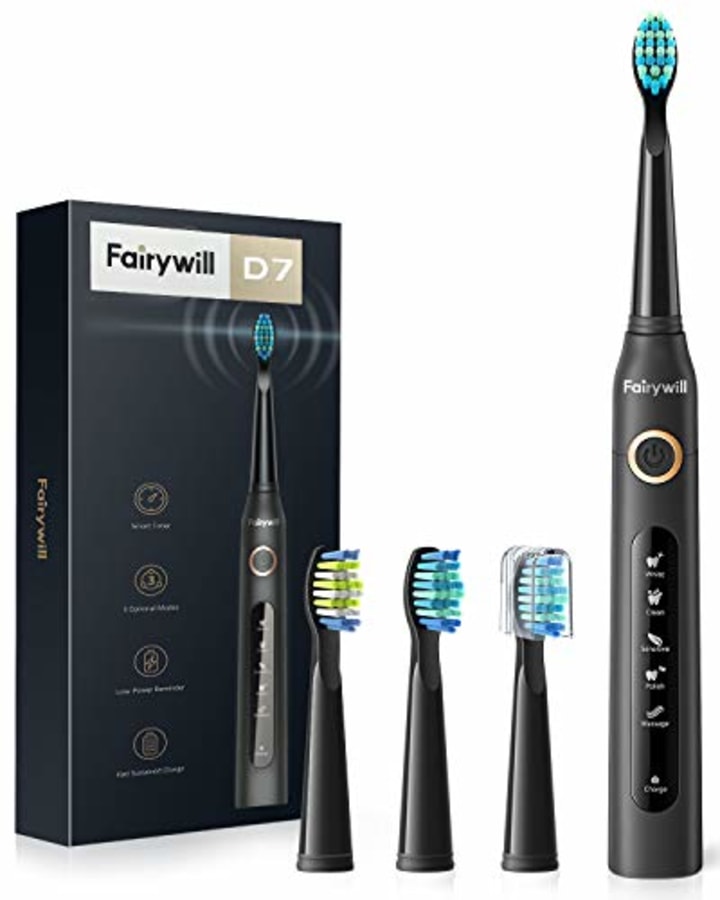 Fairywill Electric Toothbrush Powerful Sonic Cleaning - ADA Accepted Rechargeable Toothbrush with Timer, 5 Modes, 3 Brush Heads, 4 Hr Charge Last 30 Days Whitening Toothbrush for Adults and Kids