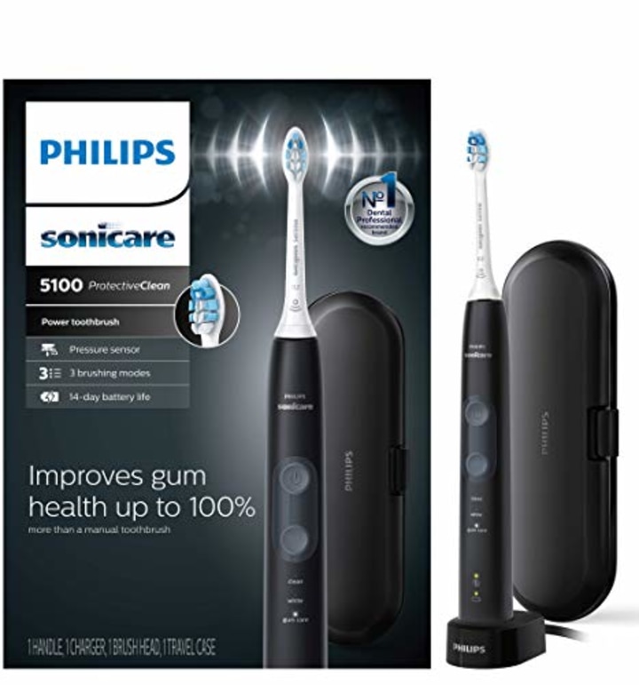 Philips Sonicare ProtectiveClean 5100 Gum Health, Rechargeable electric toothbrush with pressure sensor, Black HX6850/60, 1 Count