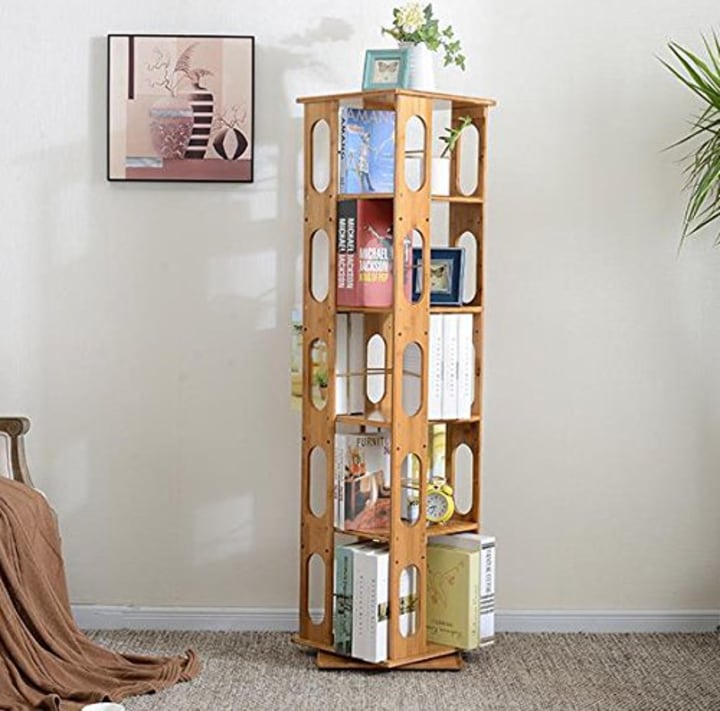 Clevr 5 Tier 57.5&quot; Natural Bamboo Bookshelf Revolving Bookcase,100% Natural Bamboo, 360 Rotating Organizer Cabinet Rack, Holds Up to 200 DVD&#039;s or Books, Spinning Design, Removable Adjustable Divider