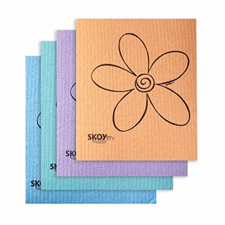 Skoy Cloth - 4 Pack - Eco-Friendly Swedish Dishcloth - Assorted Colors (pink, blue, yellow, orange, gray, purple, apple green and teal)