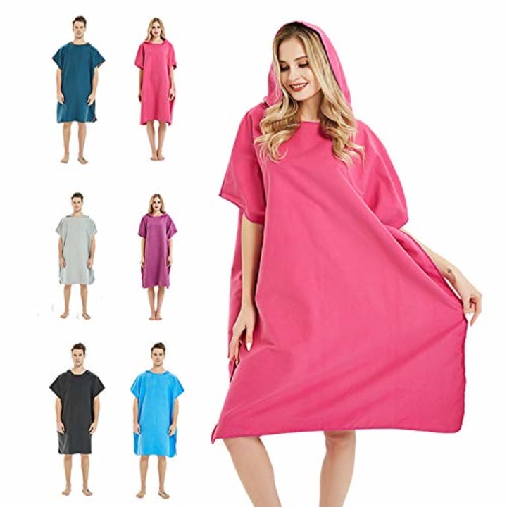 CAREWORX Surf Beach Poncho Wetsuit Changing Towel Bath Robe Poncho with Hood for Surfing Swimming Bathing Adults Men Women -One Size Fit All(Red)