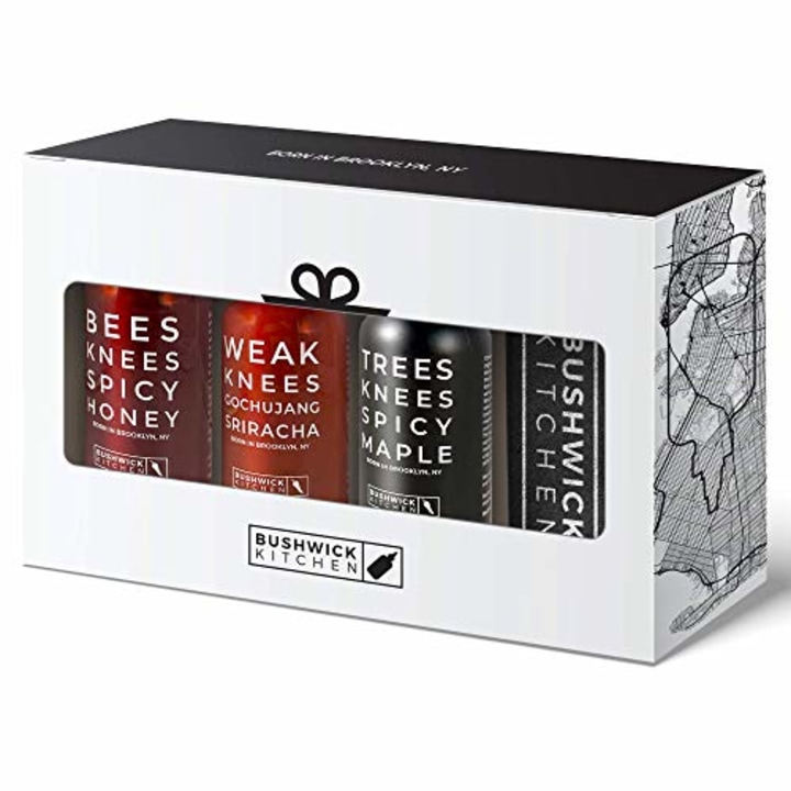 Bushwick Kitchen Spicy Sampler Gift Box, Set Includes our Gochujang Sriracha, Spicy Maple Syrup, and Spicy Honey, Hot Sauce Inspired Recipes, Bushwick Kitchen Tea Towel, and Ready-to-Gift Box