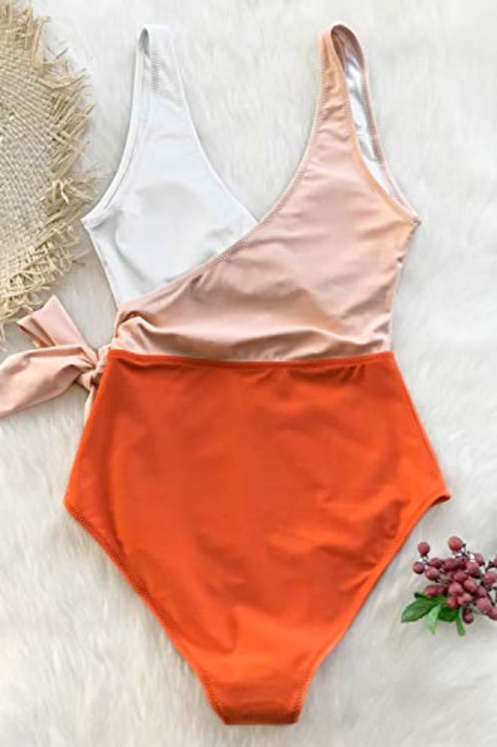 CUPSHE Women&#039;s Orange White Bowknot Bathing Suit Padded One Piece Swimsuit, M