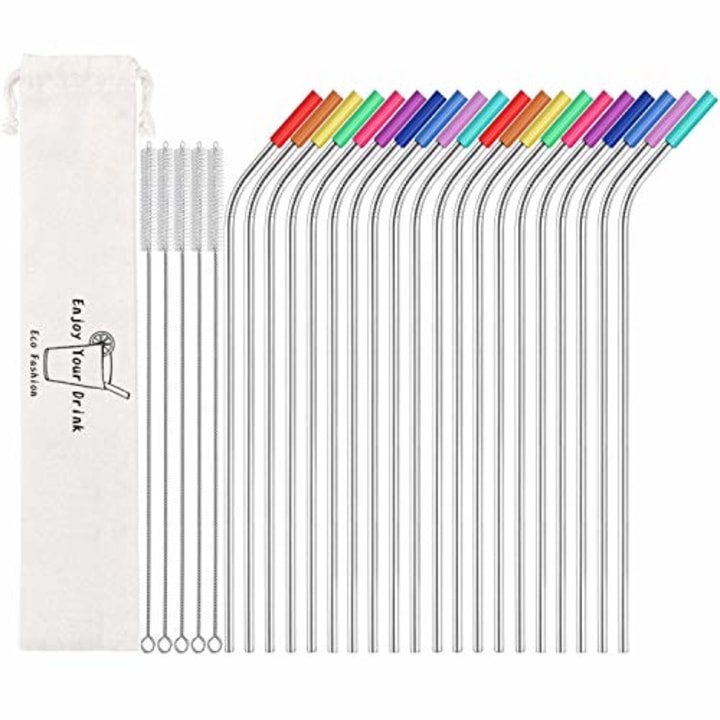 MUTNITT Set of 20 10.5&quot; Reusable Stainless Steel Straws Bent Reusable Straws with 20 Silicone Tips 5 Cleaning Brush 1 Travel Case Eco Friendly Extra Long Metal Straws Drinking for 20 24 30 oz Tumbler