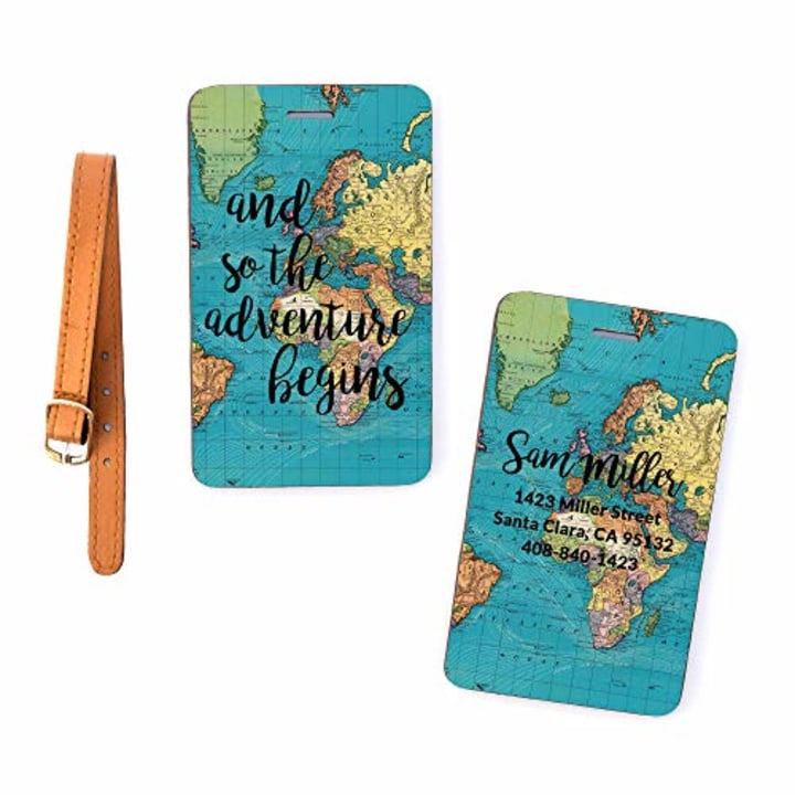 Personalized Luggage Tag - Eco Faux Leather - And So The Adventure Begins Map