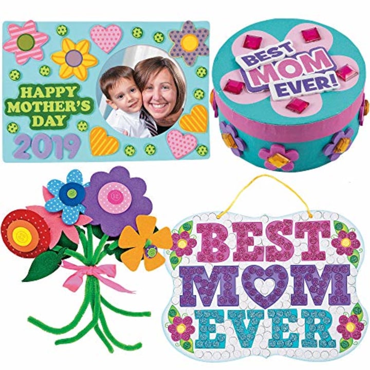 Mothers Day Craft Kit | Mum Picture Photo Frame, Self-Adhesive Flower Bouquet, Bike Magnet, Mom Glitter Mosaic Sign &amp; Jewelry Box Craft | Kids DIY Classroom Daycare Homeschool Art Gift Toys Boys Girls