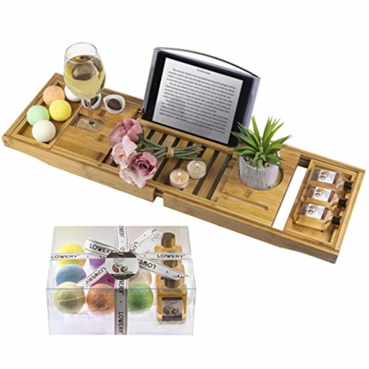 LOVERY Premium Bamboo Bathtub Caddy Tray Gift Set with Scented Bath Bombs, Shower Gel, Shampoo and Bubble Bath - Luxury Bathtub Tray with Book and Wine Holder - Expandable Tray to Fit Any Tub