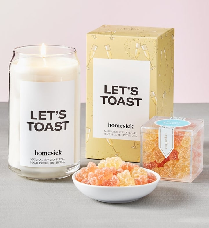Let's Toast Homesick Candle With Sugarfina Gummies