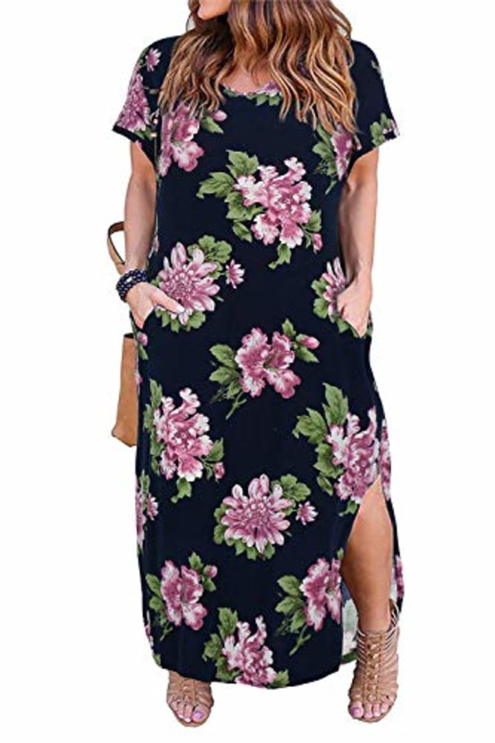 Women Casual Plus Size Short Sleeve Printing O-Neck With Pockets Long Maxi Dress 
