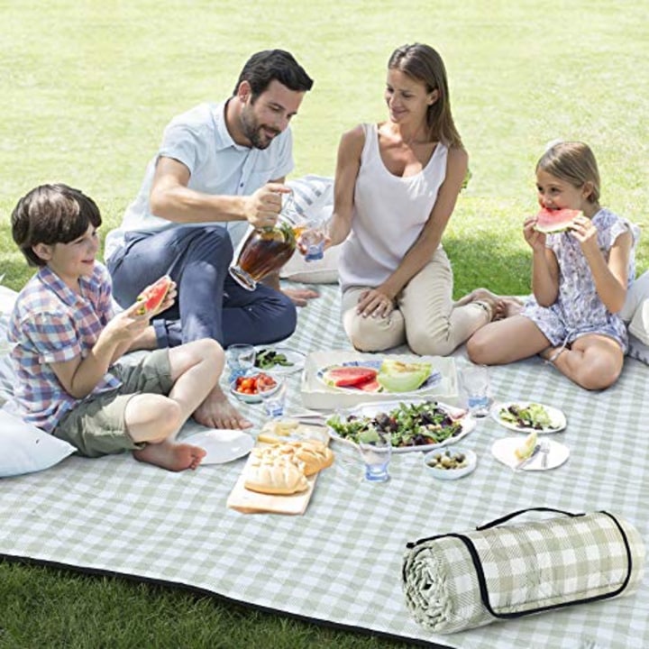ZAZE Extra Large Picnic Outdoor Blanket, 80&#039;&#039;x80&#039;&#039; Waterproof Foldable Blankets Gingham Picnic Mat for Beach, Camping on Grass (Green and White)