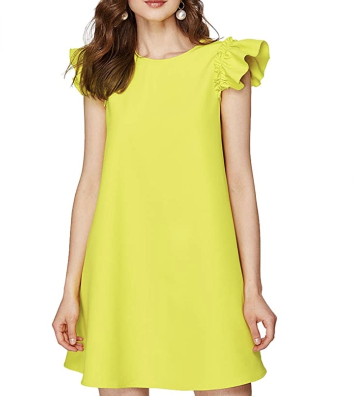 Dresses for Curvy Women Round Neck Short Sleeve Floral Pocket Dress Summer Loose Ruffle Knee-Length Dress 