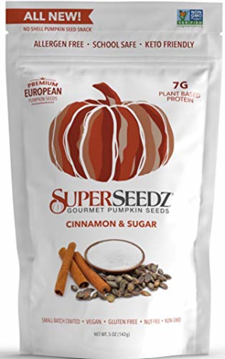 Superseedz Gourmet Roasted Pumpkin Seeds | Cinnamon &amp; Sugar | Vegan | Paleo | Healthy Snacks | 8g Plant Based Protein | Produced In USA | Dairy Free | Nut Free | Gluten Free Snack | (6-pack, 5oz each)