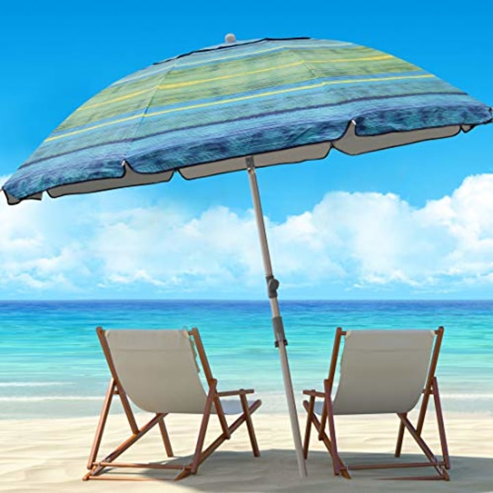 Blissun 7.2&#039; Portable Beach Umbrella with Sand Anchor, Tilt Pole, Carry Bag, Air Vent (Green)