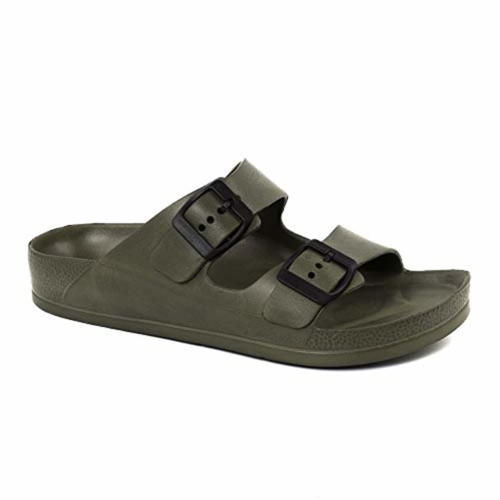 FUNKYMONKEY Women&#039;s Comfort Slides Double Buckle Adjustable EVA Flat Sandals (6 M US, Army Green/Sandals)