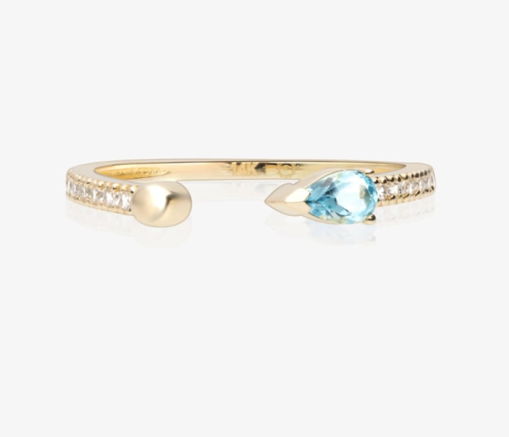 Estella Collection 14k Solid Gold Pear Shape Aquamarine Gemstone Engagement Open Cuff Band Ring