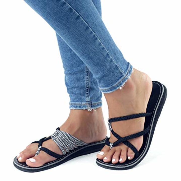 Plaka Oceanside Flat Summer Sandals for Women | Flip flops for the Beach, Walking &amp; Dressy Occasions | Black Zebra | Size 5