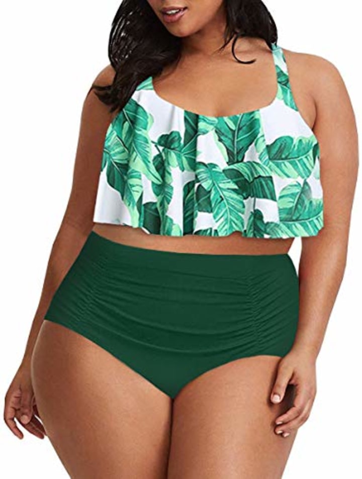 LOMON Bikini Swimsuit for Women Ruffled Top with High Waisted Bottom Tummy Control Two Pieces Tankini Bathing Suits 