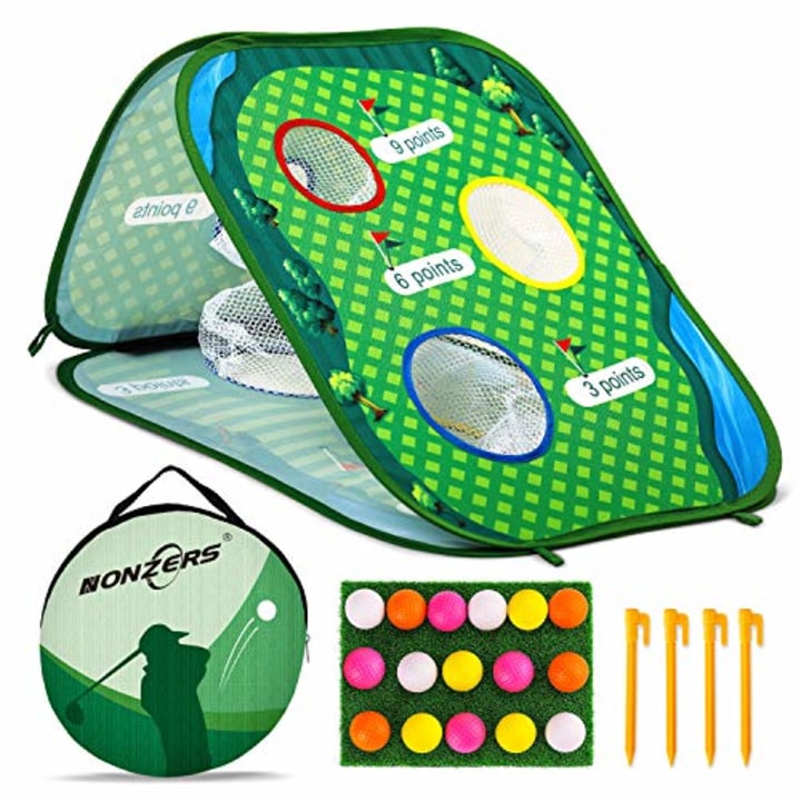 NONZERS Golf Cornhole Game Set, Pop Up Golf Chipping Net, Golf Target for Swing Practice with 16 Training Foam Balls and Storage Bag