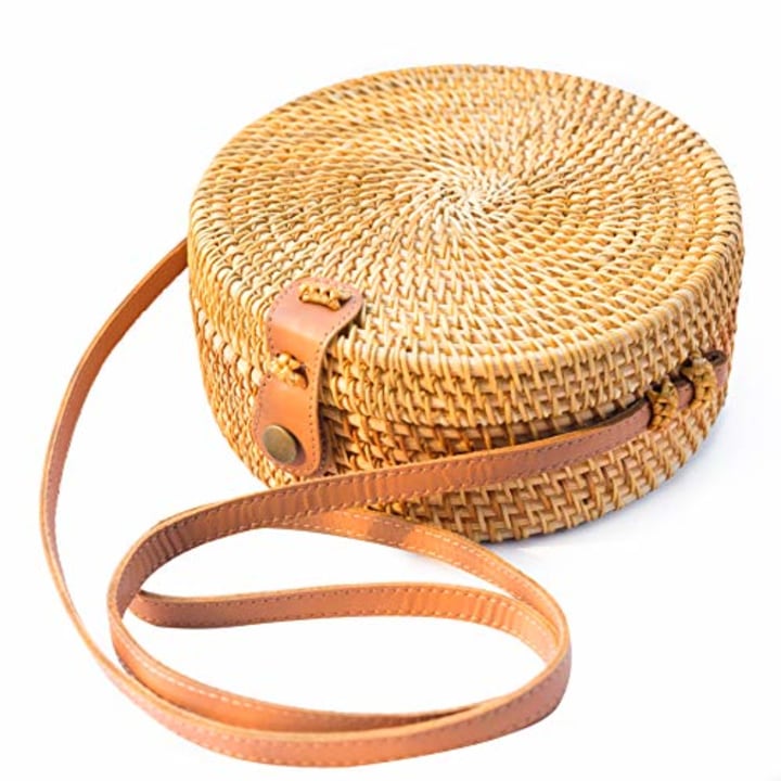 Handwoven Round Rattan Bag Shoulder Leather Straps Natural Chic Hand NATURAL NEO