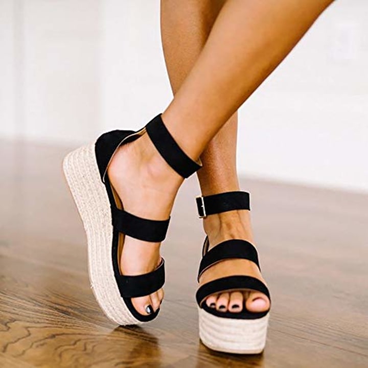 Liyuandian Womens Open Toe Espadrille Ankle Strap Boho Lace Up Rivet Flatform Sandals D Black