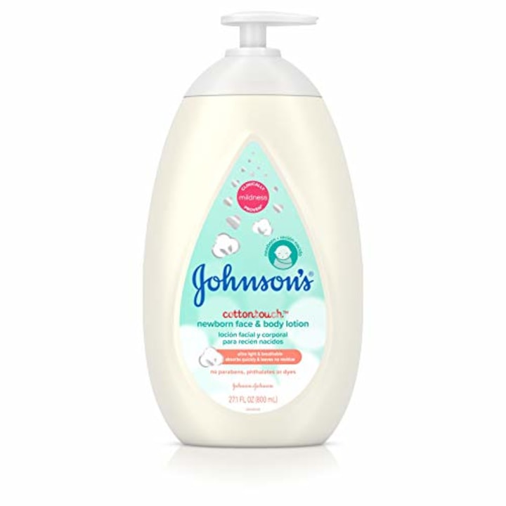 Johnson&#039;s CottonTouch Newborn Baby Face and Body Lotion, Hypoallergenic Moisturization for Baby&#039;s Skin, Made with Real Cotton, Paraben-Free, Sulfate-Free, Dye-Free, 27.1 fl. oz