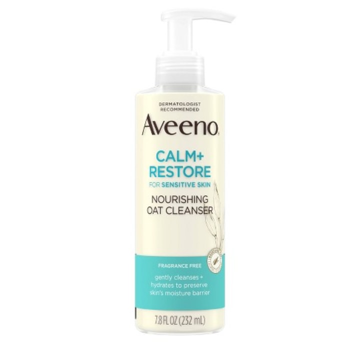 Pump bottle of Aveeno Calm + Restore Nourishing Oat Facial Cleanser for sensitive skin