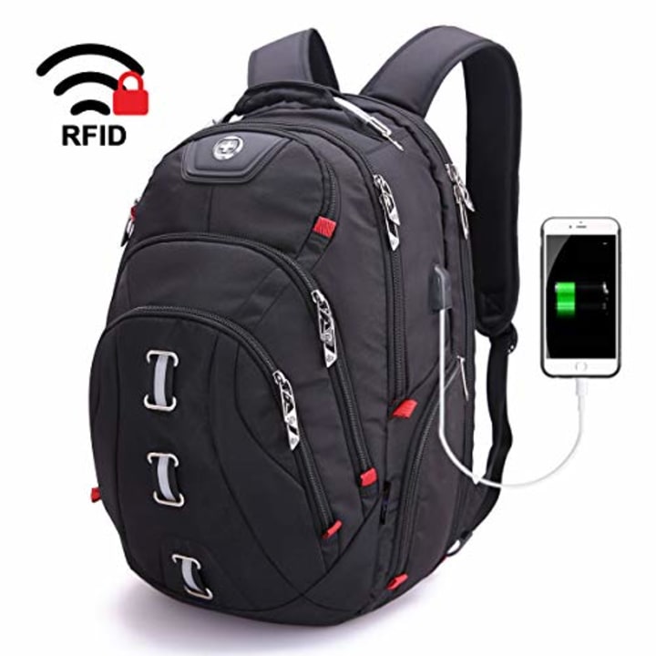 Swissdigital Pixel Travel Laptop Backpack-Laptops Backpack with USB Charging Port Smart Bag with RFID for Men &amp; Women School Computer Bags Fits 15.6&quot; Laptop and Notebook, Black SD-857