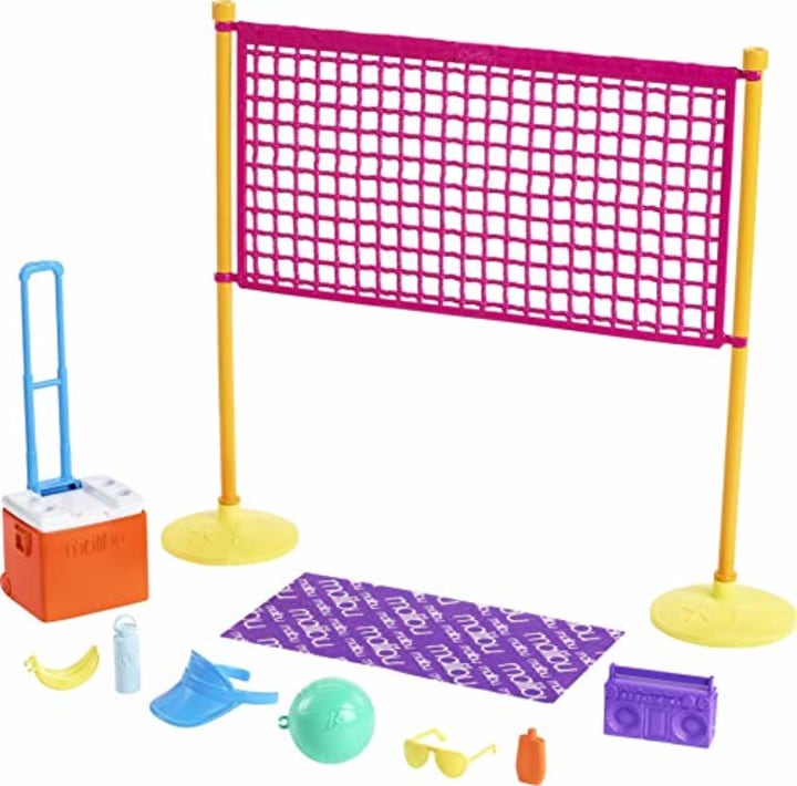 Barbie Loves The Ocean Beach-Themed Playset, with Volleyball Net &amp; Accessories, Made from Recycled Plastics, Gift for 3 to 7 Year Olds