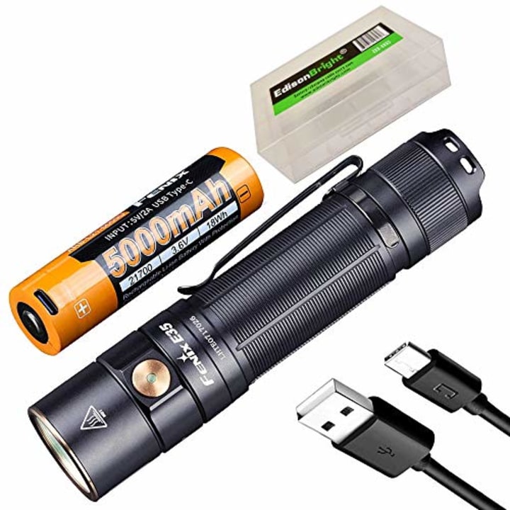 Fenix E35 V3.0 3000 Lumen USB-C Rechargeable LED Flashlight with 5000mAh battery and EdisonBright battery carrying case bundle