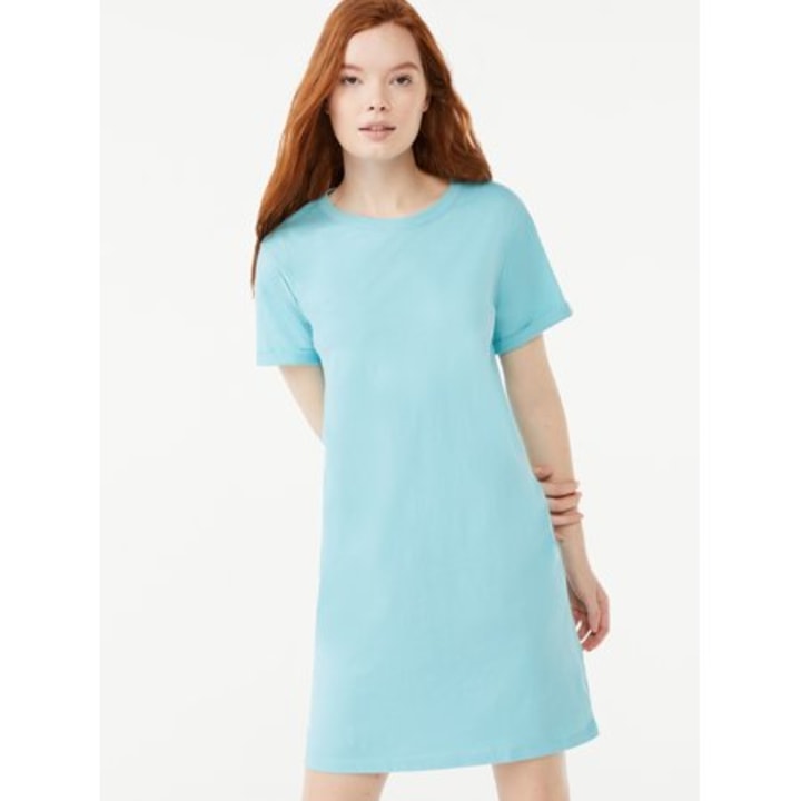 Free Assembly Women&#039;s Short Sleeve T-Shirt Dress with Cuffed Sleeves