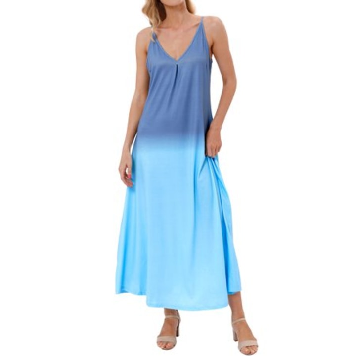 ZXZY Women Beach Dress Pure Color V Neck Sling Gradient Maxi Dress