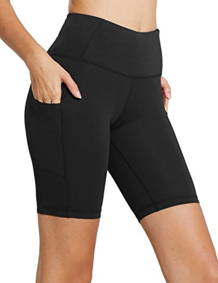 BALEAF Women&#039;s 8&quot; High Waist Biker Workout Yoga Running Compression Exercise Shorts Side Pockets Black Size L