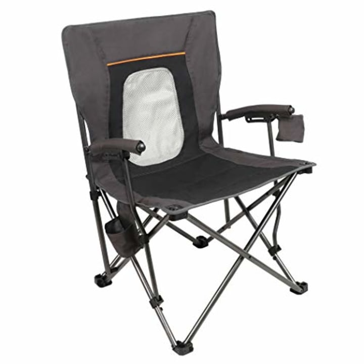 PORTAL Camping Chair Folding Portable Quad Mesh Back with Cup Holder Pocket and Hard Armrest, Supports 300 Lbs, Black, Regular