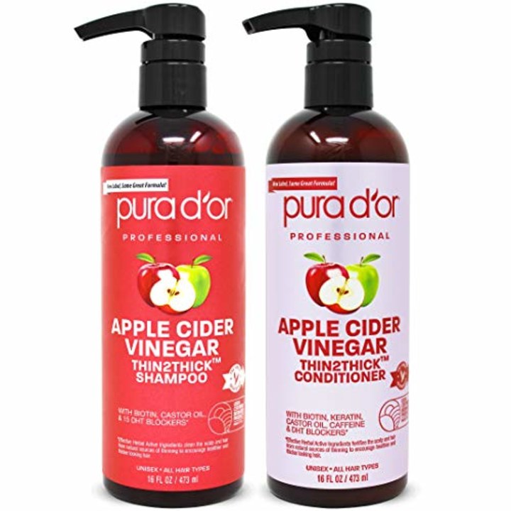 PURA D&#039;OR Apple Cider Vinegar Thin2Thick Set Shampoo Conditioner for Regrowth, Hair Loss, Clarifying, Detox (2 x 16oz) Biotin, Keratin, Caffeine, Castor Oil, All Hair Type, Men/Women, Packaging varies