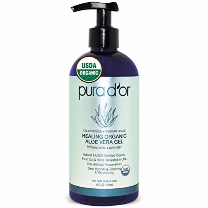 PURA D&#039;OR Organic Aloe Vera Gel Original Lavender (16oz) USDA Certified - Deeply Hydrating, Moisturizing Skin &amp; Hair - Sunburn, Bug Bites, Rashes, Small Cuts, Eczema Relief (Packaging may vary)