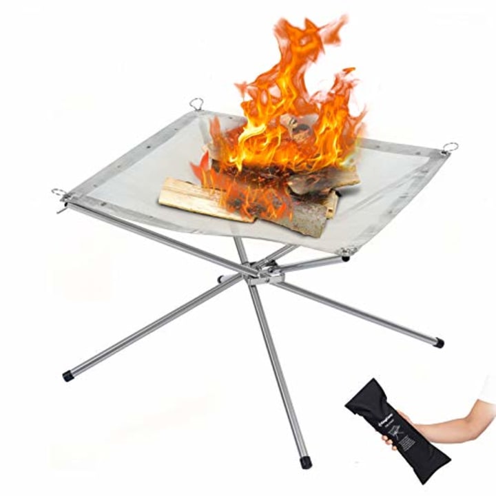 KingCamp Foldable Fire Pits Camping Fire Place Stand with Stainless Steel Mesh Collapsible Wild Travel Wood Burning Accessories for Outdoor Camping, Patio, Backyards - Included Protable Carrying Bag