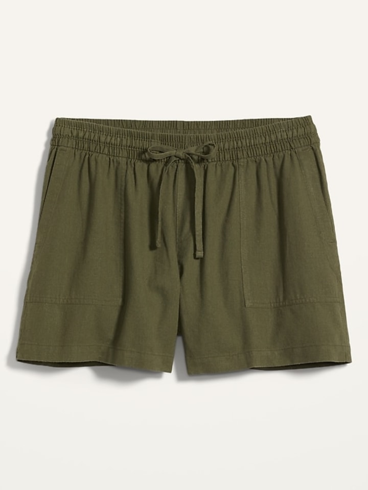 High-Waisted Linen-Blend Tie-Front Plus-Size Utility Shorts -- 5-inch inseam