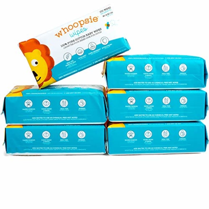 Whoopsie Wipes | Ultra-Soft - 100% Pure Cotton Dry Baby Wipes | Use Wet or Dry | Soft &amp; Sensitive | Hypoallergenic | Extra Strong &amp; Absorbent | Perfect for Diaper Changes, Runny Noses, Drool, Meal Time &amp; Nursing (6-Pack)