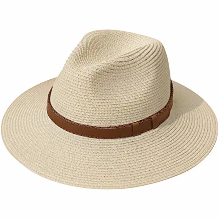 Lanzom Women Wide Brim Straw Panama Roll up Hat Belt Buckle Fedora Beach Sun Hat UPF50+(X Belt-Khaki)