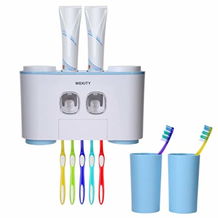 Toothbrush Holder Wall Mounted, WEKITY Multi-Functional Toothbrush and Toothpaste Dispenser for Bathroom, with 5 Toothbrush Slots, 2 Toothpaste Squeezers and 4 Cups(Blue)