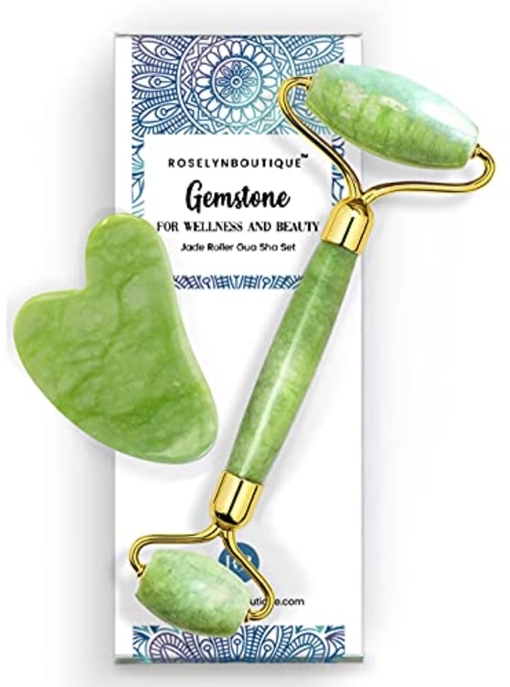 RoselynBoutique Jade Roller &amp; Guasha Tool for Face Set - Beauty Gua Sha Facial Tools Skin Roller Massager Muscle Relaxing Relieve Wrinkles - Original Natural Jade Stone
