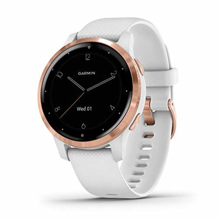 Garmin 010-02172-21 Vivoactive 4S, Smaller-Sized GPS Smartwatch, Features Music, Body Energy Monitoring, Animated Workouts, Pulse Ox Sensors, Rose Gold with White Band