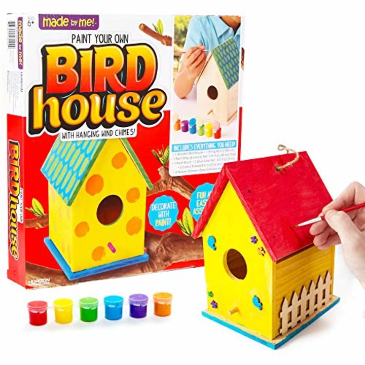 Made By Me Build &amp; Paint Your Own Wooden Bird House Horizon Group USA, DIY Birdhouse Making Kit, Includes Paints, Brushes, Glue &amp; Wind Chimes, Multicolor (46090F)