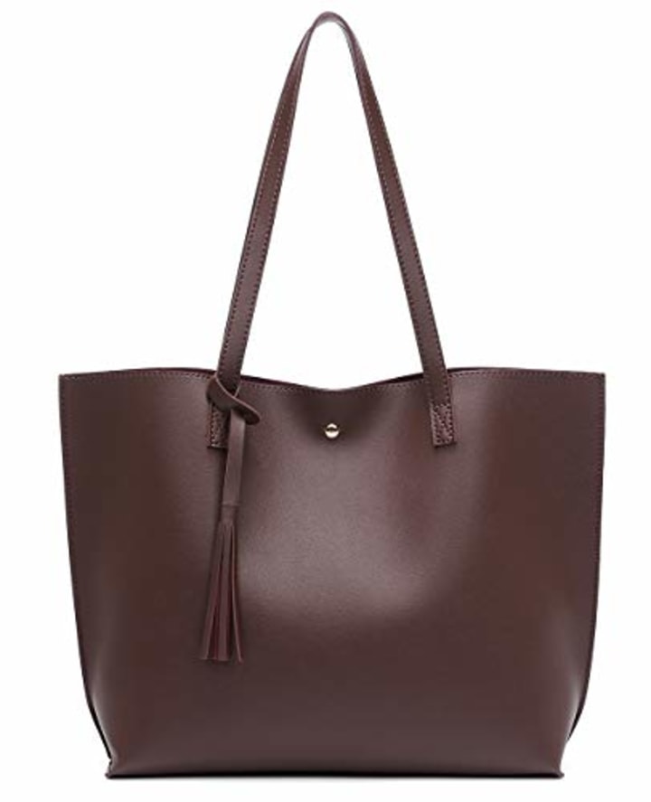 Women&#039;s Soft Faux Leather Tote Shoulder Bag from Dreubea, Big Capacity Tassel Handbag Coffee-plain