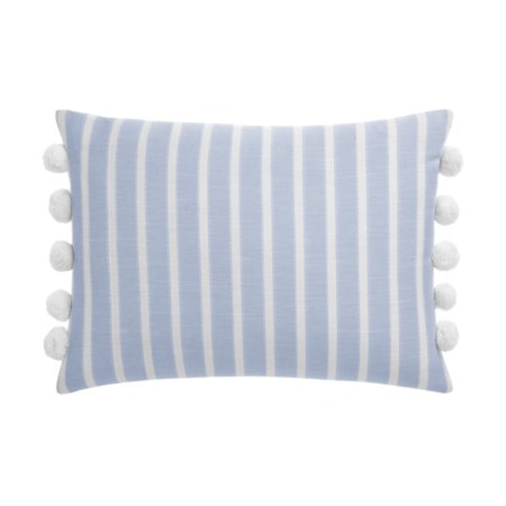 Gap Home Yarn Dyed Chambray Stripe Decorative Oblong Throw Pillow with Pom Trim Blue 20&quot; x 14&quot;