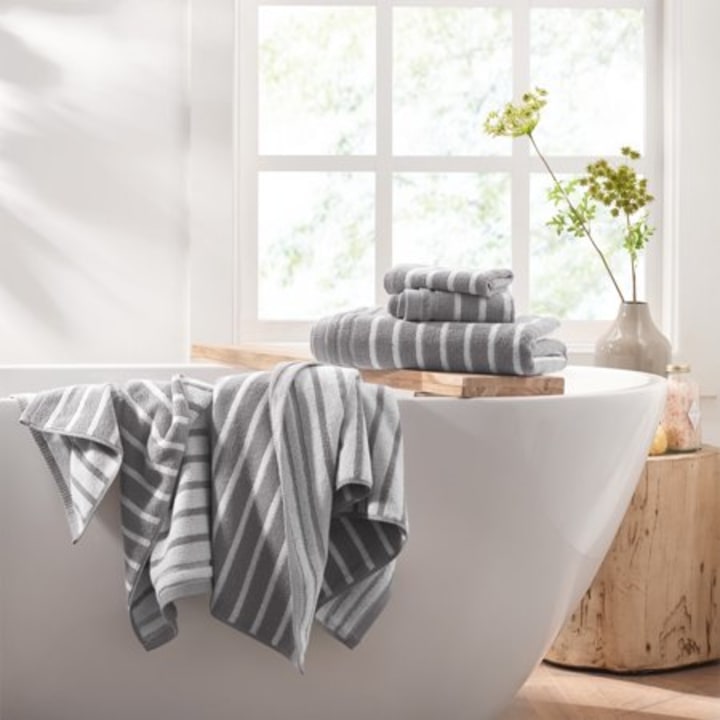 Gap Home Easy Stripe Organic Cotton 6 Piece Bath Towel Set Gray/White
