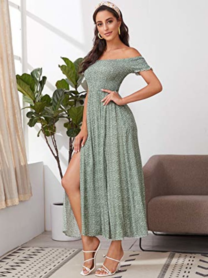 High Waisted Maxi Dress Floral Cold Shoulder Short Sleeves Long Dress for Women MASZONE Women's Summer Dress Casual 