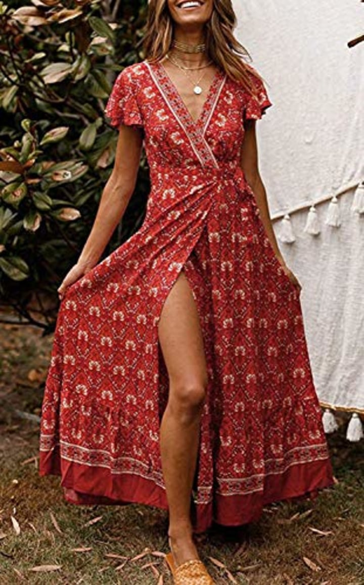 ZEFOTIM ✿ Spring and Summer Dress for Womens Fashion Floral V-Neck Dress Holiday Dress