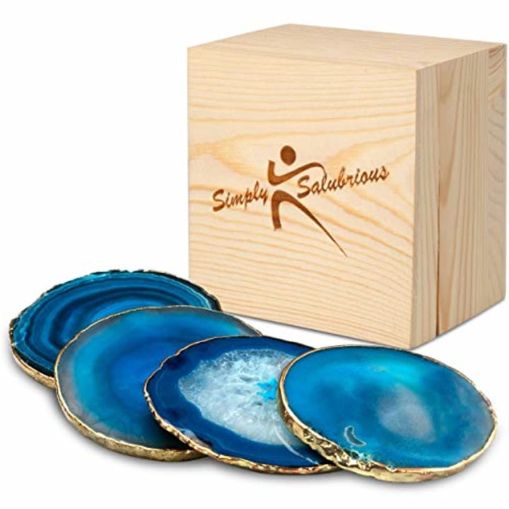 Brazilian Blue Agate Coasters | Natural Geode Stone Coasters | 4-Pack Drink Coasters | Agate Slices in Wooden Gift Box |Random Size 3.5 ~ 4&quot; with Gold Rim and Protective Bumpers | by Simply Salubrious