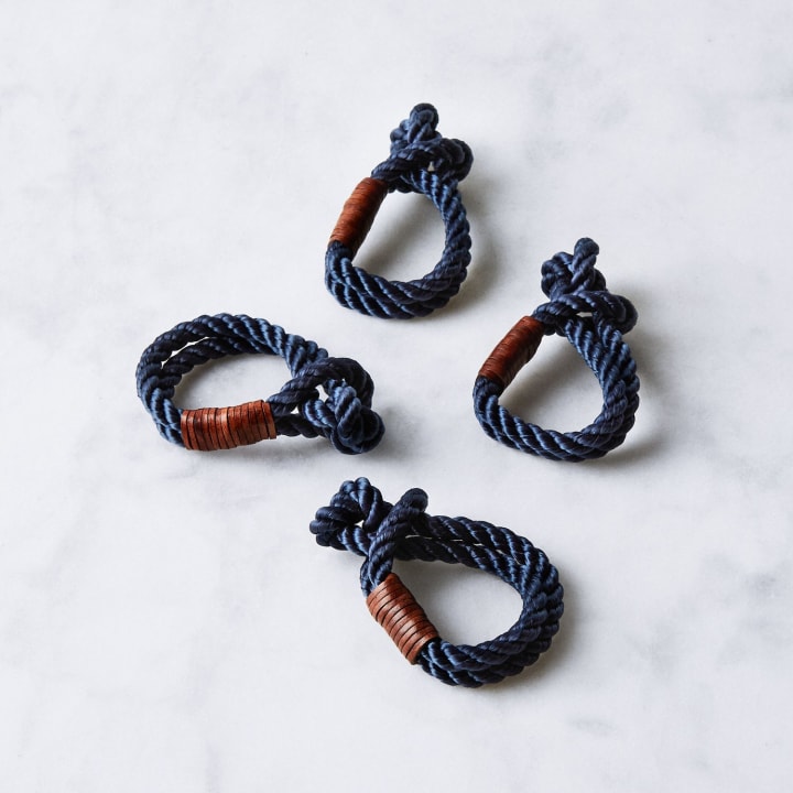 Nautical Rope &amp; Leather Napkin Rings (Set of 4)